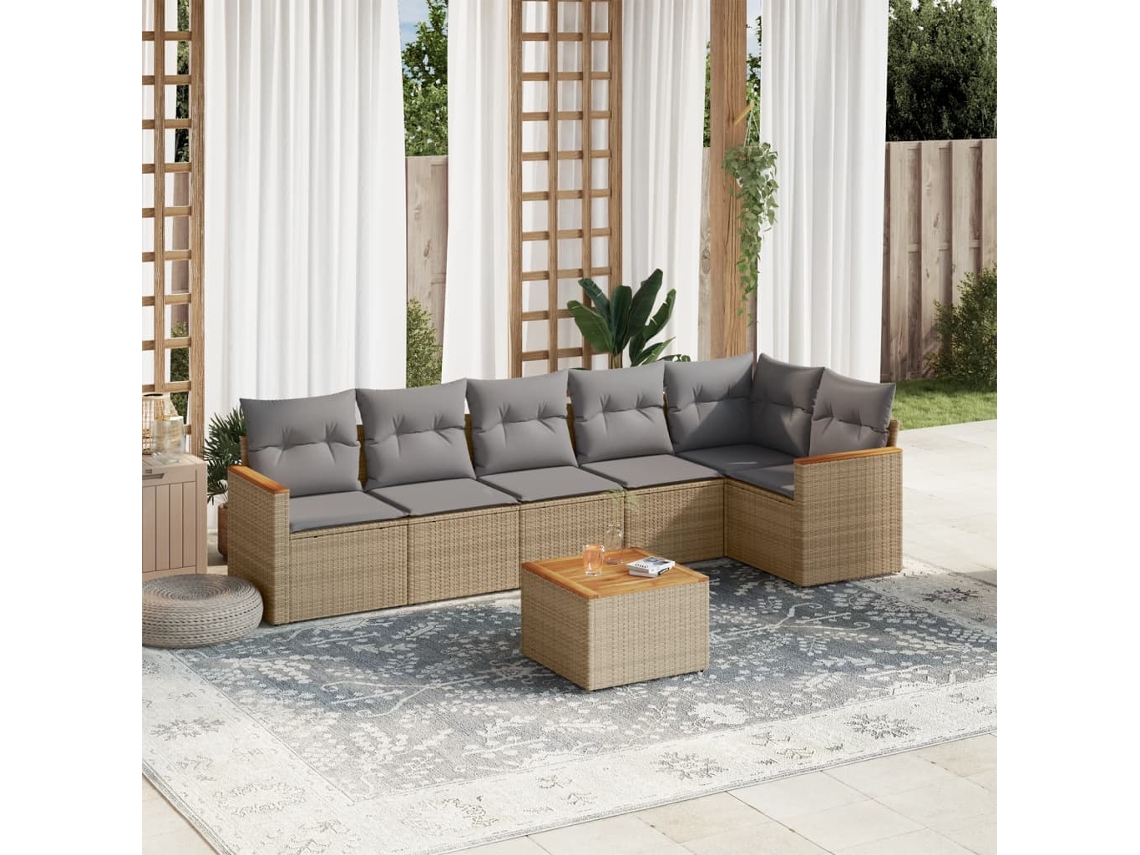 Vidaxl 7 Pcs Conjunto De Sofás P/ Jardim Com Almofadões Vime Pe Bege