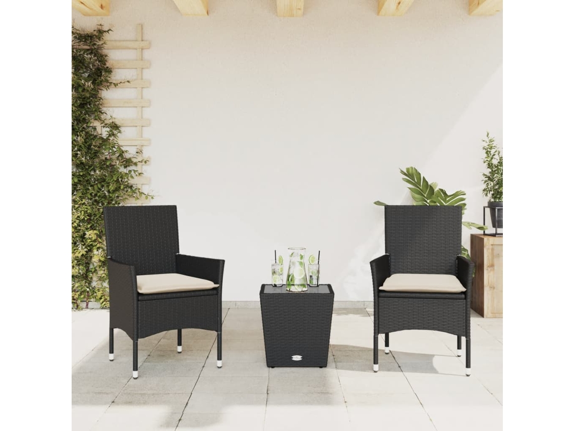 Jogo 3 Peças Bistrô Com Almofadões Vime Pe/vidro Preto Dkd Home Decor