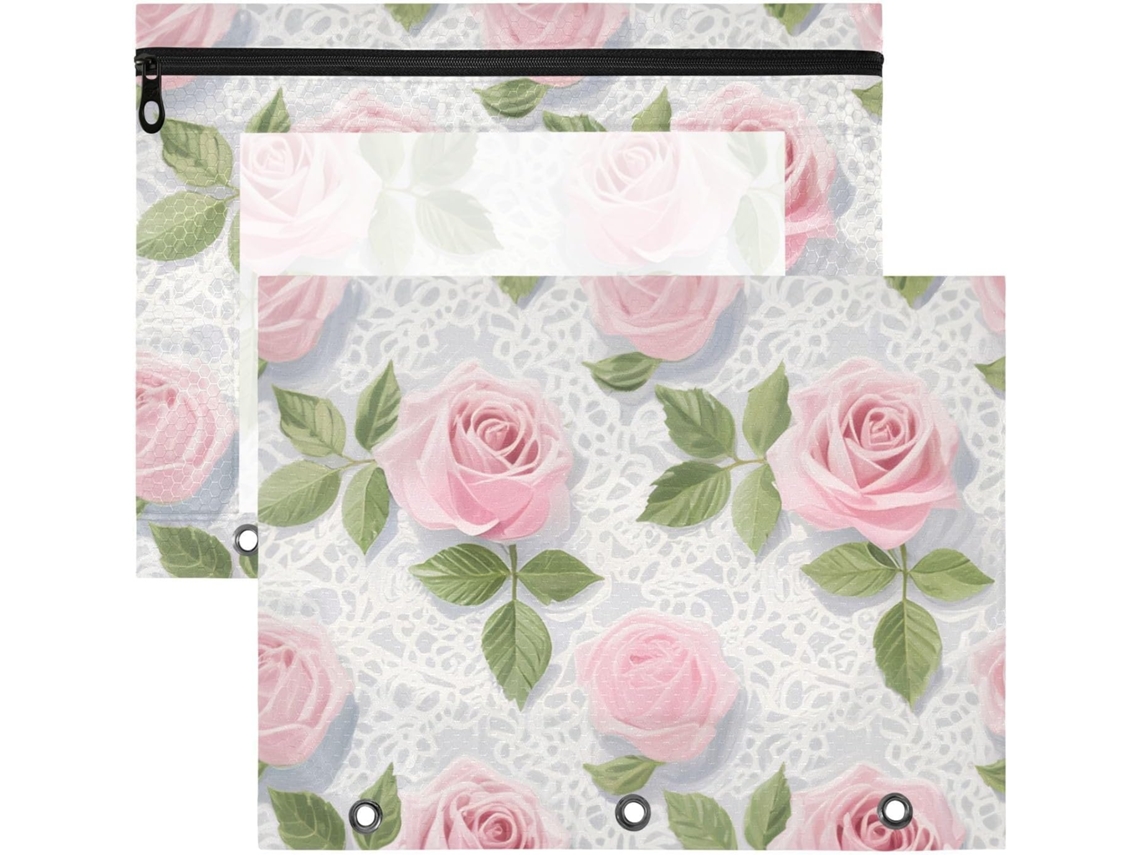 Conjunto de 2 Estojos com Zíperes Suaves, Bolso para Fichário 3 Argolas, Ideais a Volta Às Aulas, Renda Floral