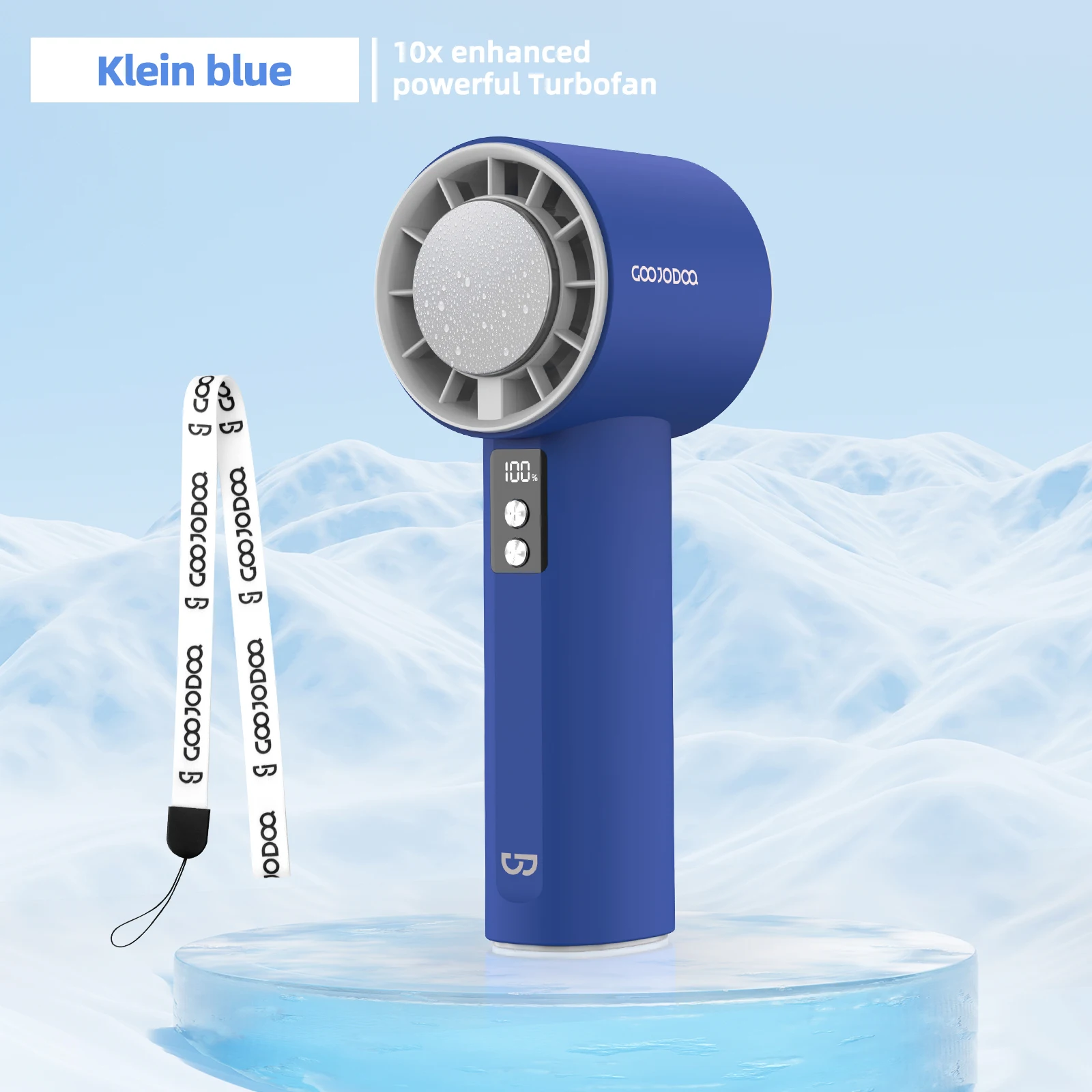 Mini Ventilador MDUG elétrico, visor digital, turbina ajustável (azul klein)