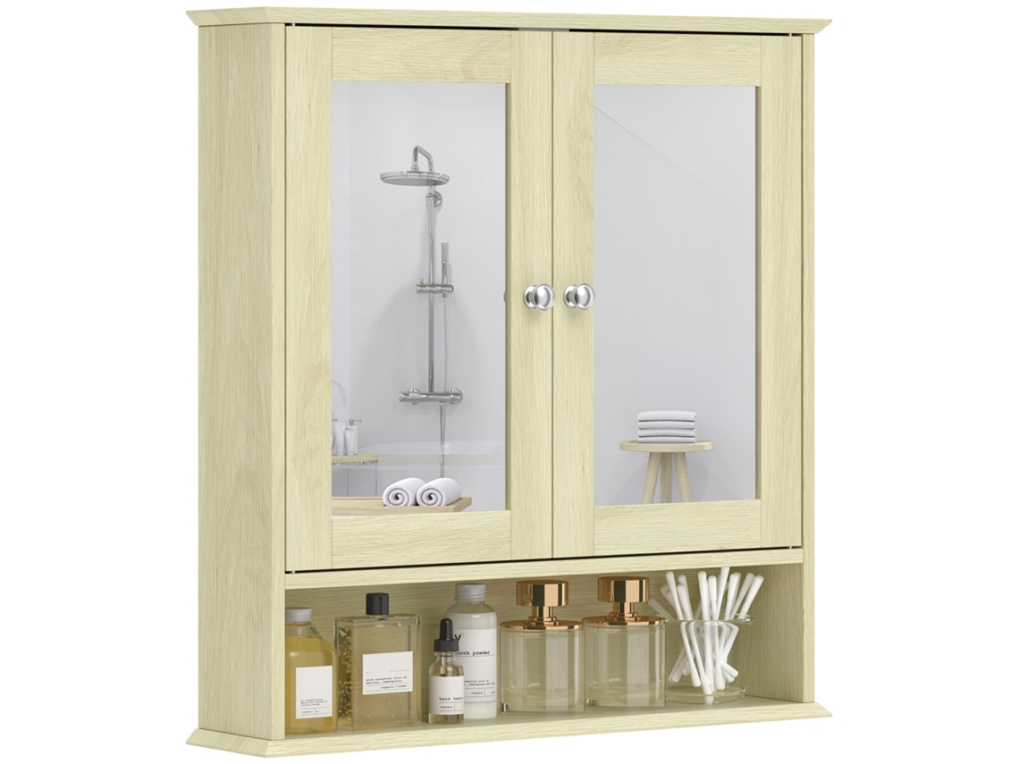Armário de Banheiro com Espelho,2 Portas,prateleira Aberta e Ajustável,56x13x58cm,natural BTFORUS