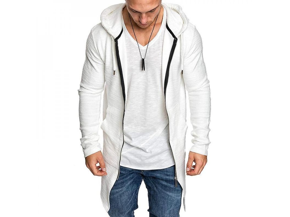 Jaqueta masculina Rebe, longa com capuz e zíper, estilo suéter, para o inverno, manga longa, modelagem slim, tamanho M, branca.