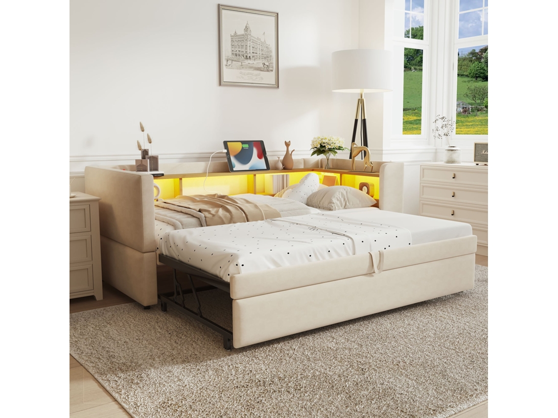 Cama Extensível 90/180x190 Led Usb c Sofá cama Bege