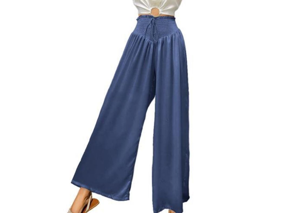 2026 pantalones Casuais de Verão para Mulher com Cintura Alta Elástica e Bolsos Flowy S Azul