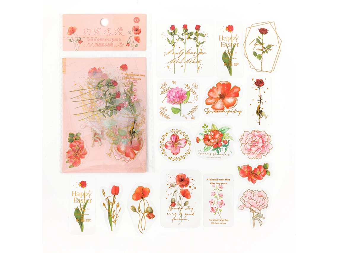 30 Adesivos de Flores Exclusivos Estéticos Tendência para Diário Decorativo Scrapbooking | S/MARCA