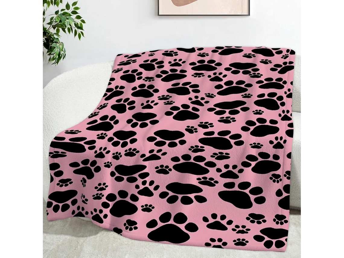 Manta Rosa Claro com Estampa de Pata Cachorro 150x200 Cm Multifuncional Macia e Aconchegante em Flanela Ideal