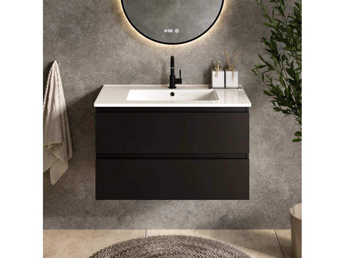 Móvel de Lavatório Mirlux Luma 80 Cm Preto Cuba Branca MIRLUX