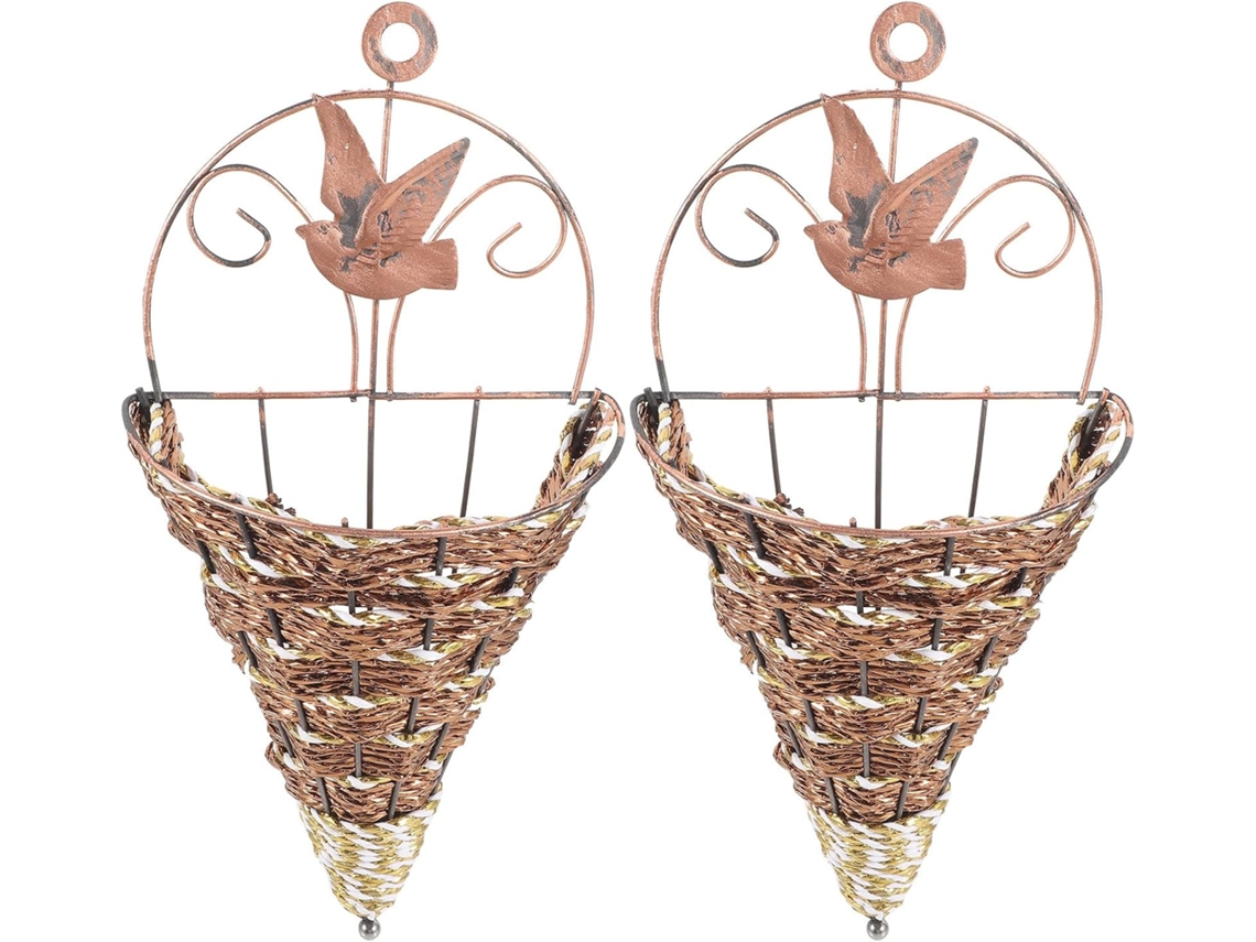 Kit de 2 Cestos Suspensos de Ferro com Design em Rattan Trançado. Suporte de Parede Leve e Compacto para Flores, para CHABERLU