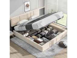 Cama Casal Hidráulica 180x200 Veludo Listrado Bege Cabeceira Ajustável