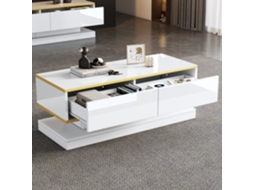 Mesa Centro 100x50x38 Led Dourado 2 Gavetas Branco Elegante Sala