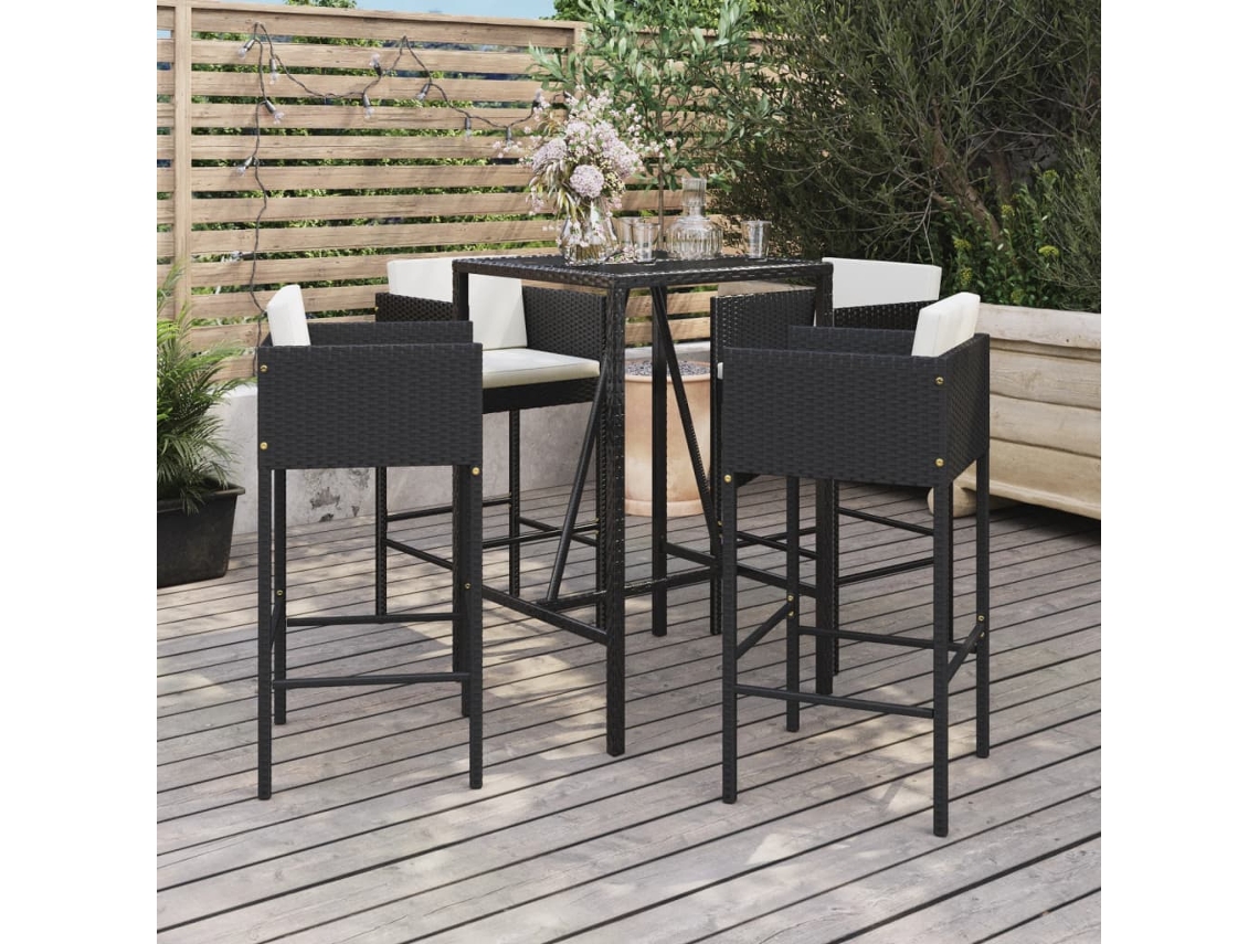 Vidaxl 5 Pcs Conjunto De Bar P/ Jardim C/ Almofadões Vime Pe Preto