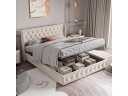 Cama Com Arrumação 140x190 Cm, Estofada Com Cabeceira E Espaço De Arrumação, Base Ripada Com Estrutura, Função Hidráulica, Bege