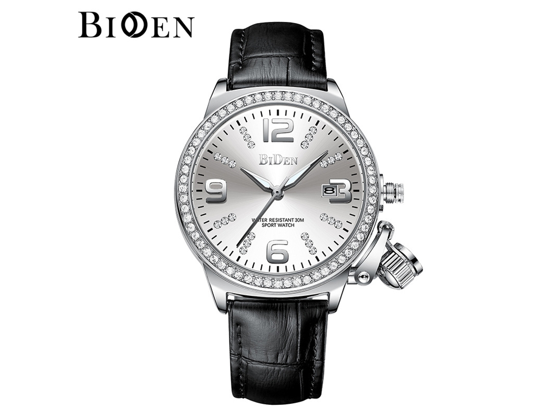 Relógio Feminino MDUG com ponteiros luminosos, cinto personalizado, diamantes e movimento de quartzo com cinto preto e face prateada