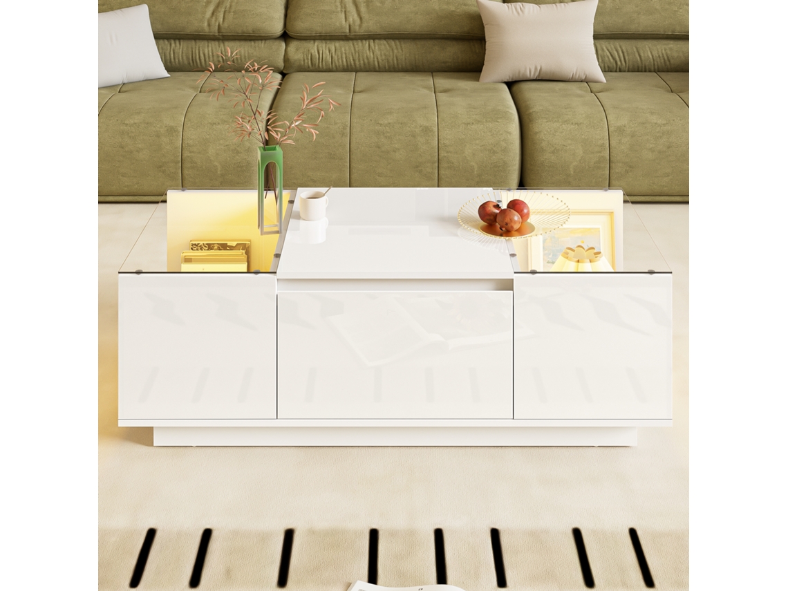 Mesa De Centro Moderna 105cm Com Armazenamento Led Tampo De Vidro E 2 Gavetas Brancas Para Sala De Estar Mega Echo Trade Shop