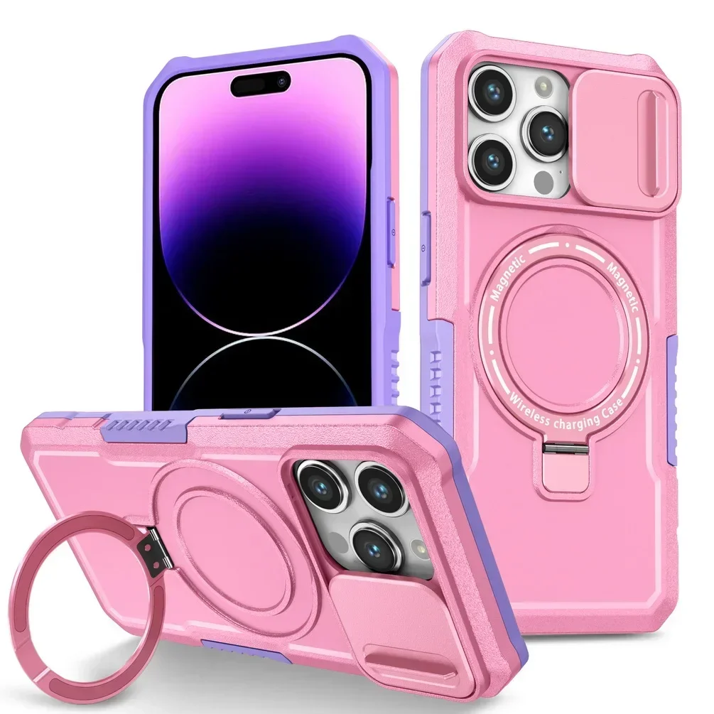 Capa Para Iphone 13 Pro Rosa Com Suporte, Proteção Deslizante Para A Câmera E À Prova De Quedas.