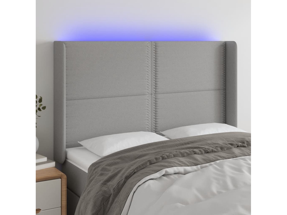 Cabecero con luces LED, tela, 147x16x118/128cm, gris claro
