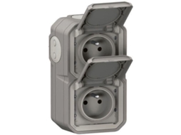 Tomada Dupla Legrand Com Terra Impermeável Pré Cablada Com Obturador Plexo 16a 250v Cinza