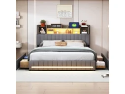 Cama De Casal Acolchoada 140x190 Cm Com Armazenamento, Luzes Led, 4 Gavetas E Recarga Usb/usb-c, Design Moderno Em Linho Cinza