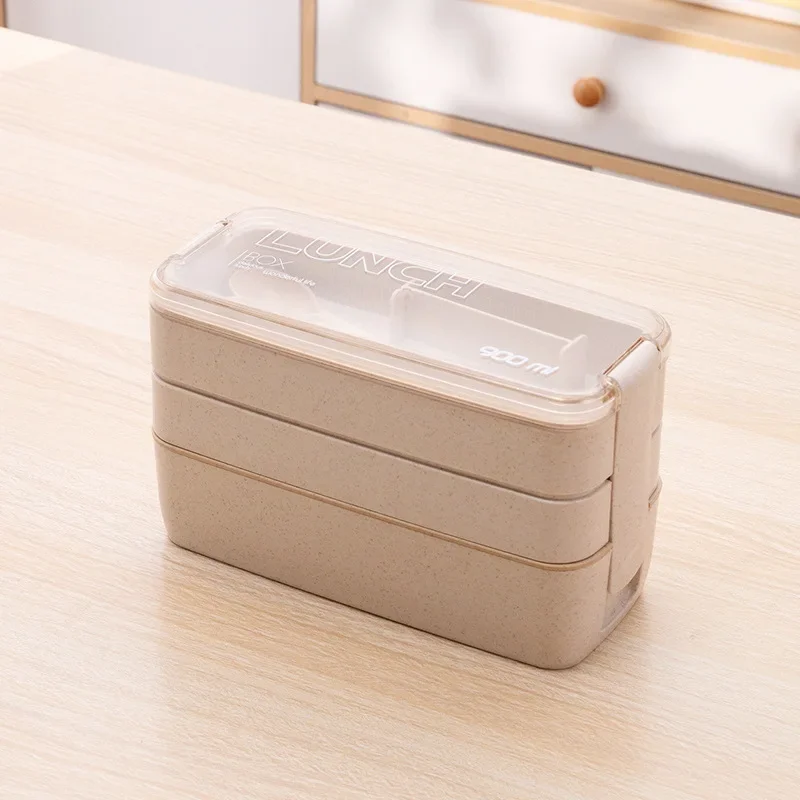 Marmita Bento de Palha de Trigo Natural, Grande Capacidade, Própria para Lava louças e Micro ondas, Inclui Talheres. MDUG (bege, 3 Camadas)