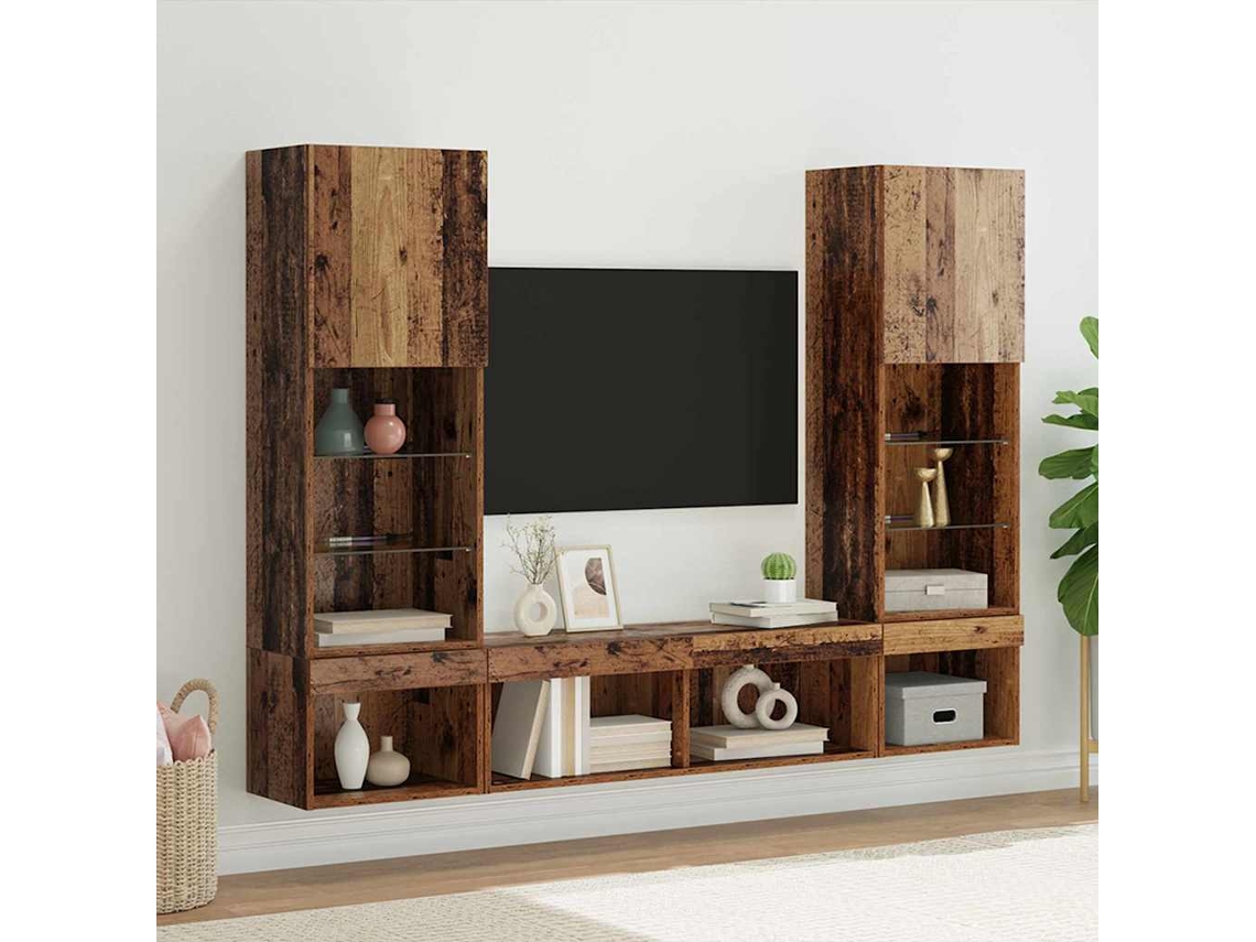 Vidaxl Unidades De Tv De Parede Com Led 5 Unid. Madeira Antiga