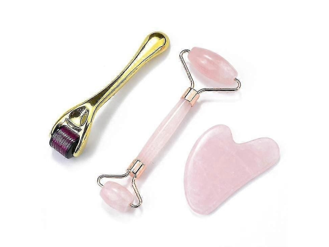 Yyh Conjunto de Massageador Facial Guasha Feminino com Rolos Jade Rosa2 GOKOCO
