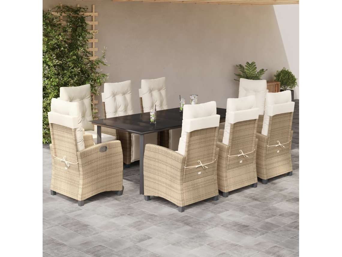 Conjunto 9 Peças Jantar P/ Jardim Com Almofadões Vime Pe Bege Dkd Home Decor
