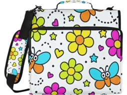 Conjunto de 3 anéis com estampa floral colorida e design animado, bolsos extras, alça de ombro e diversos bolsos removíveis.
