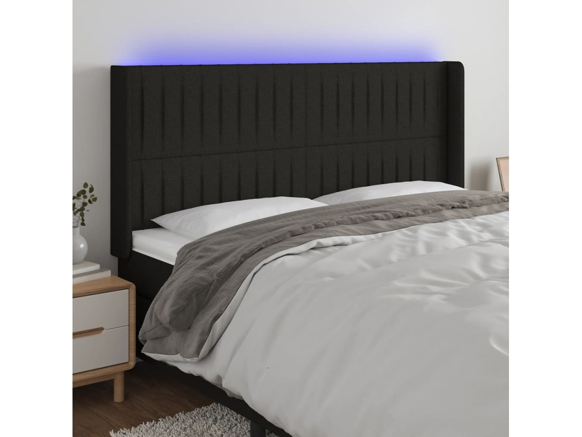 Cabecero con luces LED, tela, 203x16x118/128 cm, negro