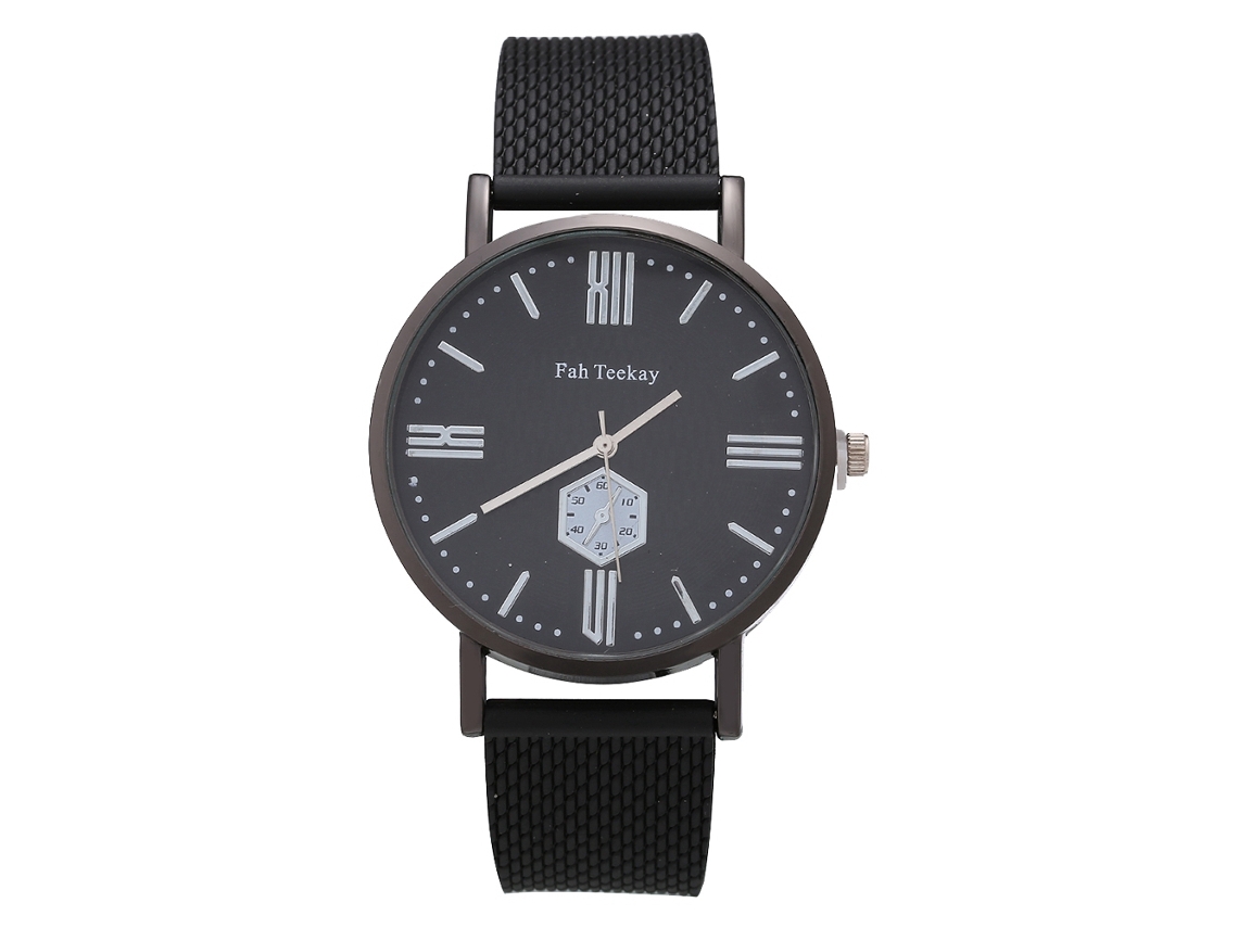 Reloj De Pulsera Para Hombres De Cuarzo Con Correa De Malla Redonda Moda Simple Negro Plata