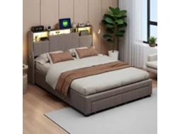 Cama De Casal Moderna 140x200cm, Cama Com Arrumação E Gavetas, Cabeceiro Com Led Rgb E Bolsos, Tecido De Linho Cinzento, Estilo Minimalista