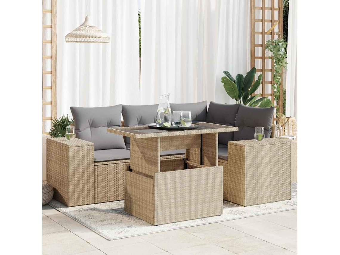 Vidaxl 5 Pcs Conjunto De Sofás P/ Jardim Com Almofadões Vime Pe Bege
