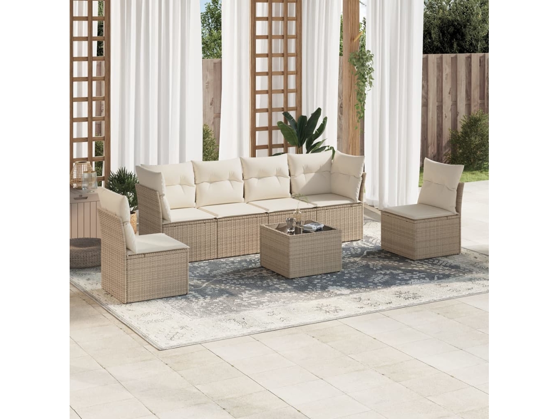 Vidaxl 7 Pcs Conjunto De Sofás P/ Jardim Com Almofadões Vime Pe Bege
