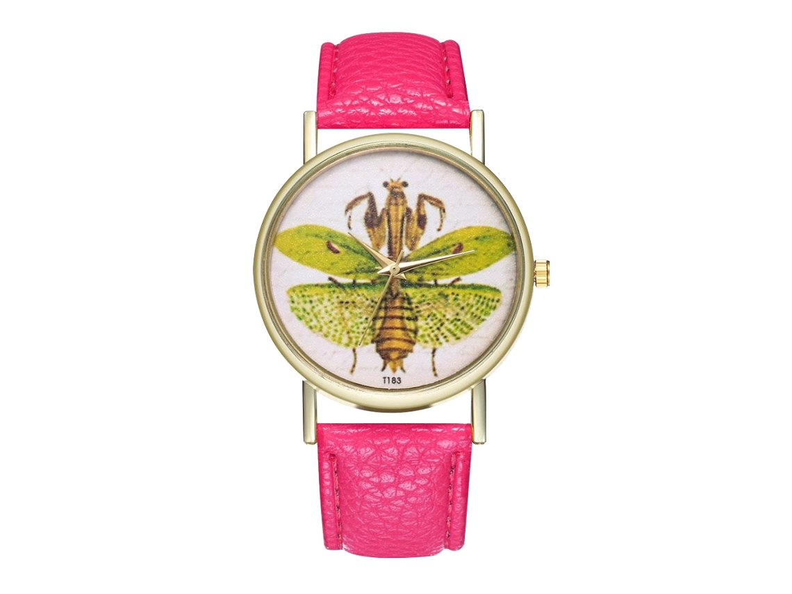 Relógio Quartzo Unissex com Pulseira de Couro Pu, Mostrador Romano, Padrão Inseto (vermelho rosa)