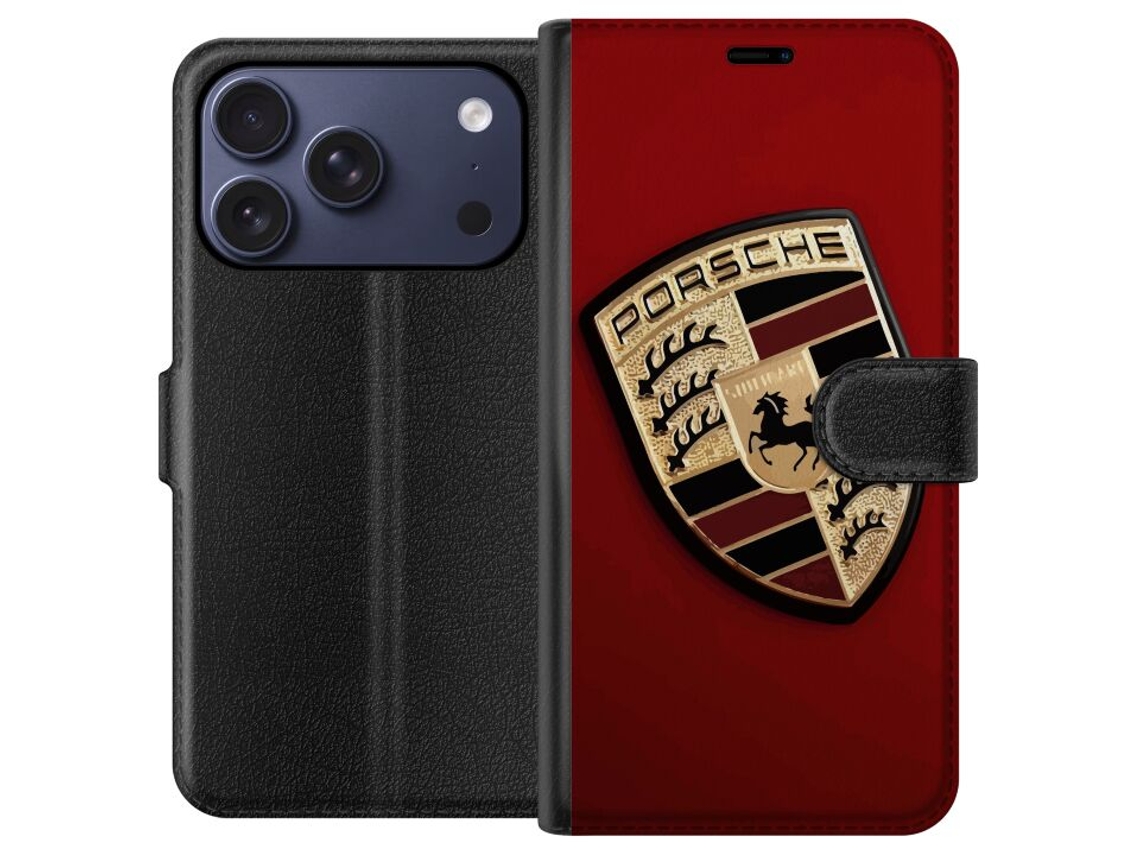 Capa Carteira Compatível Com Apple Iphone 17 Pro, Com Elegante Logotipo Porce Em Preto E Branco.