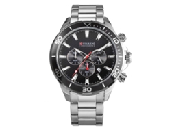 Relógio de pulso masculino de quartzo com pulseira de aço e mostrador redondo preto.