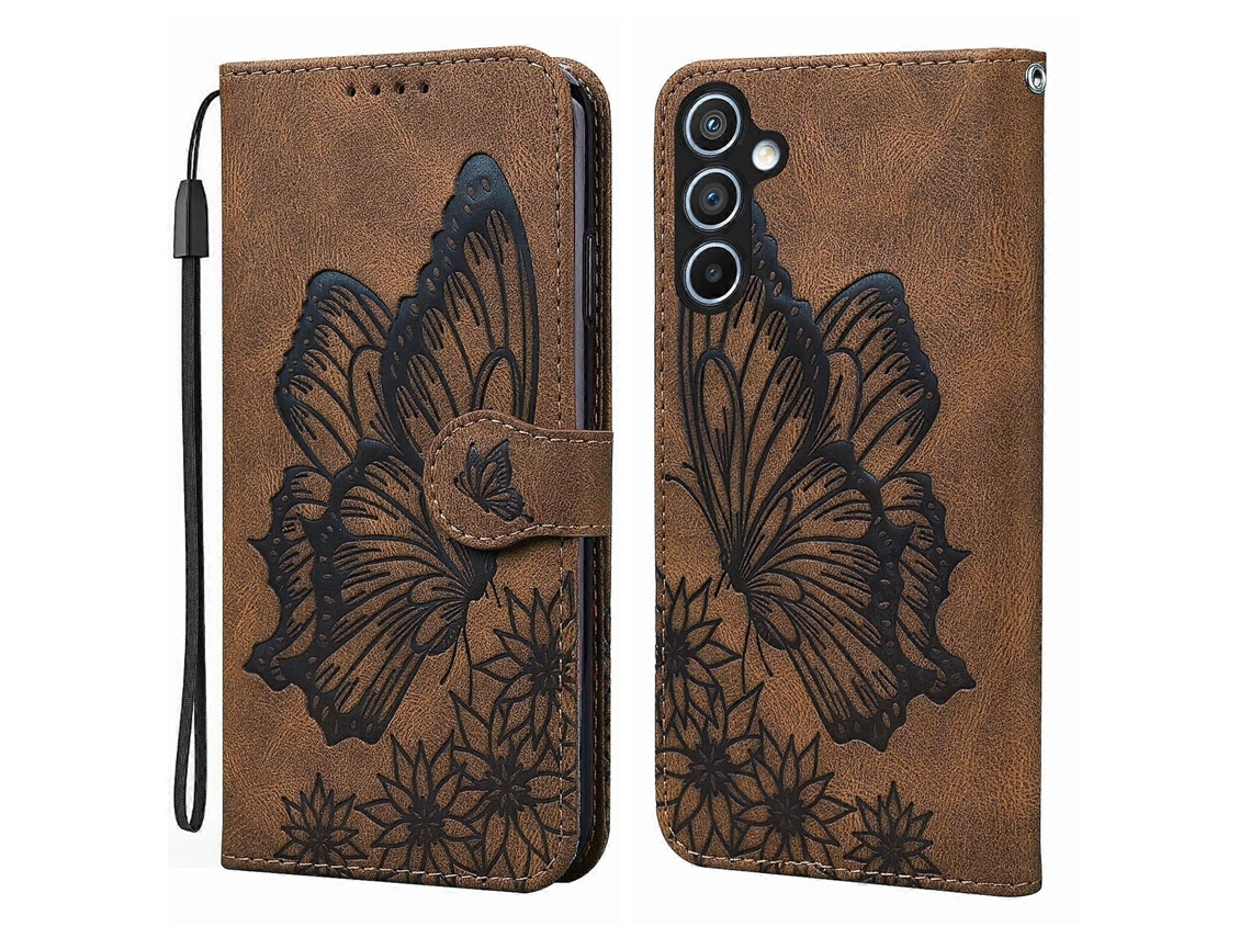 Capa De Celular De Couro Com Estampa De Borboletas Retrô E Relevo Horizontal