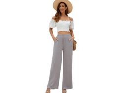 2026 pantalones Anchos de Algodón Y Lino para Mujer Alto Talle Con Botones Y Bolsillos Verano M Gris