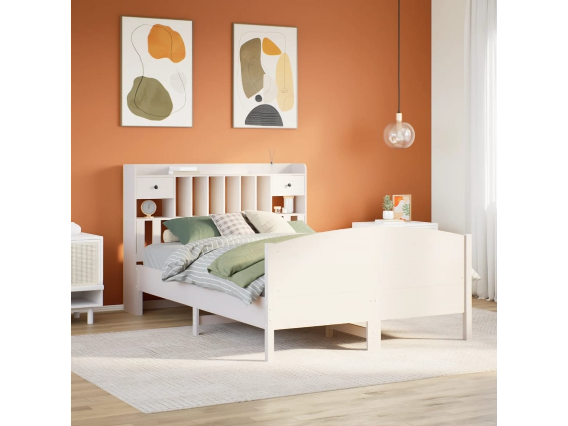 Cama Com Estante Sem Colchão 140x190 Cm Pinho Maciço Branco