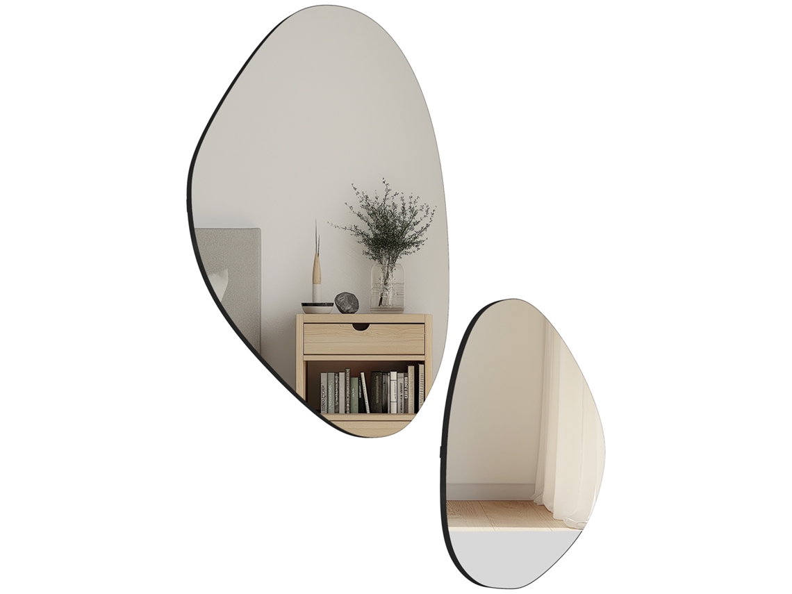 Conjunto De 2 Espelhos De Parede Forma Seixo Moldura Metal 70x46cm E 49,5x31cm Cor Preta