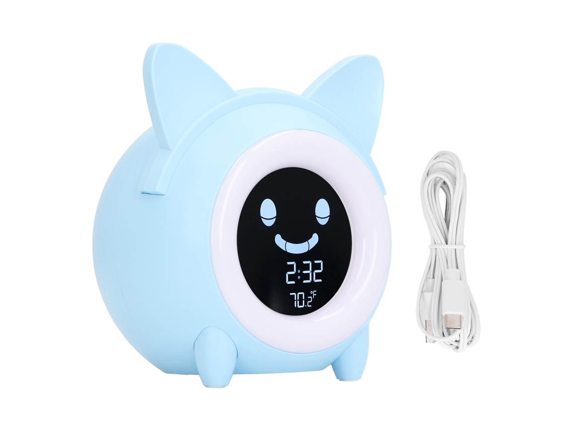 Mali relógio Despertador de Treinamento de Sono Infantil Gato Cartoon Luz Noturna Digital Azul Claro