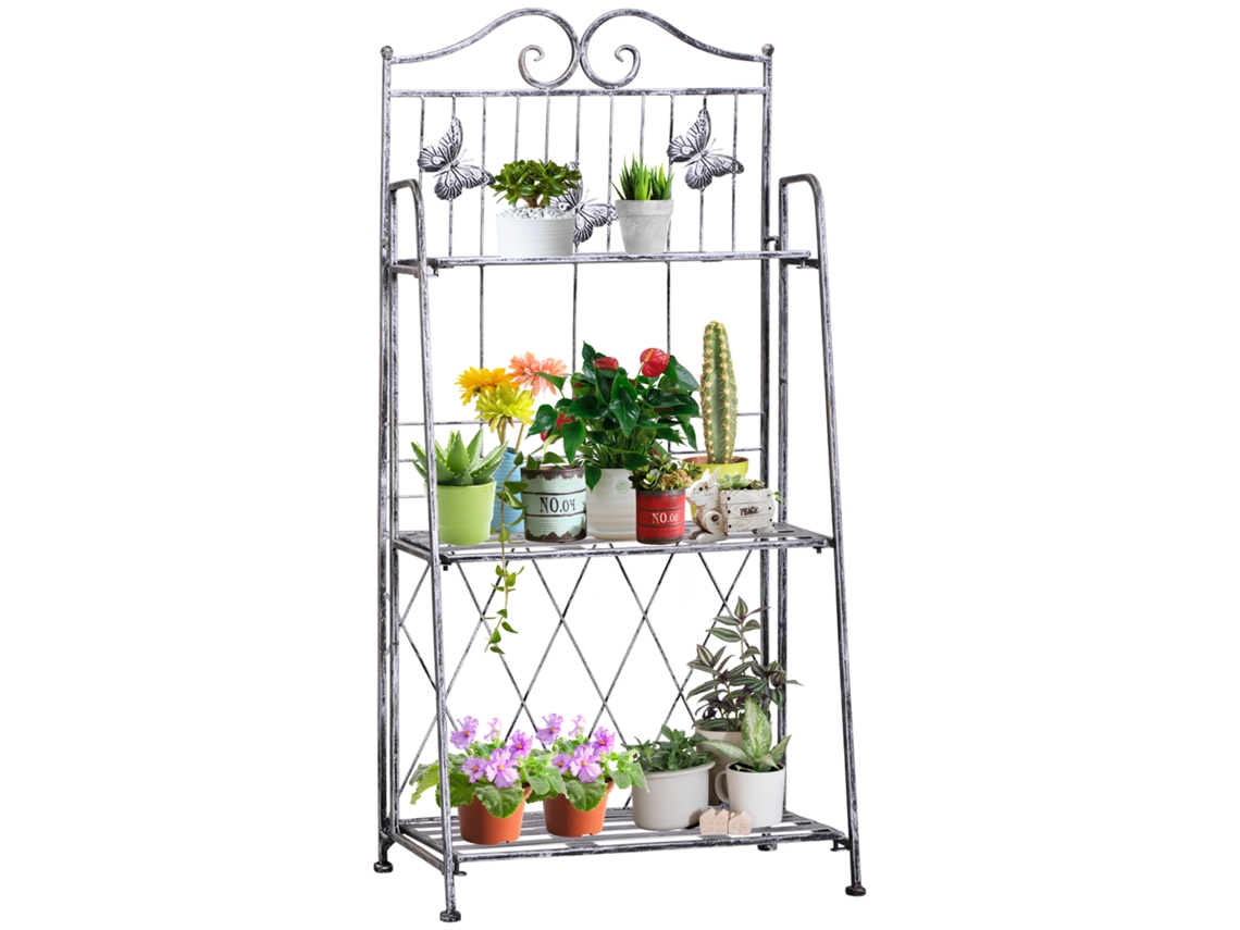 Suporte de plantas dobrável, 3 andares, metálico, prateado, para varanda, jardim, externo, cinza S/MARCA