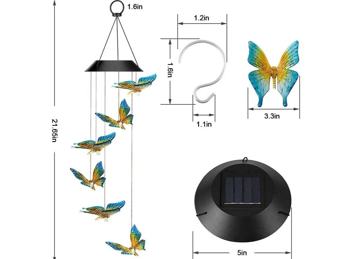 Sino de vento para exterior - Luminária de borboleta LED com mudança de cor e energia solar - Luz solar para jardim