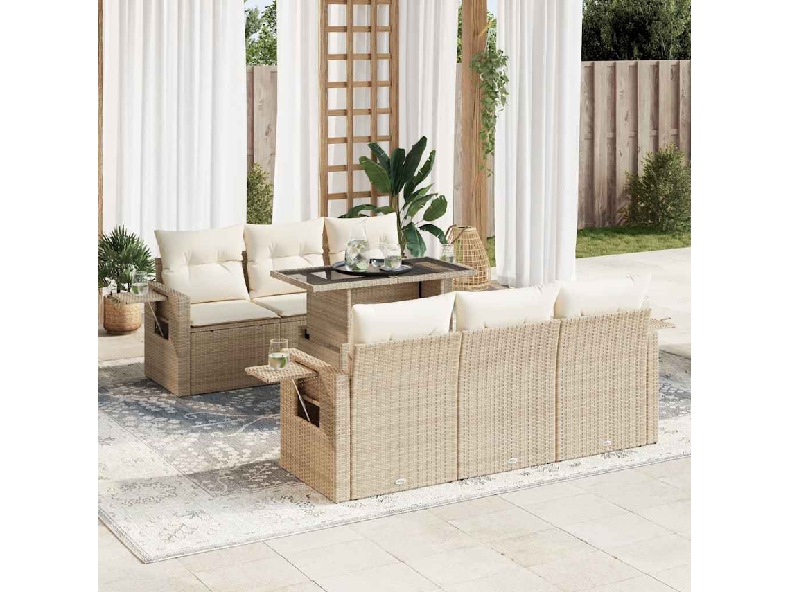 Vidaxl 7 Pcs Conjunto De Sofás P/ Jardim Com Almofadões Vime Pe Bege