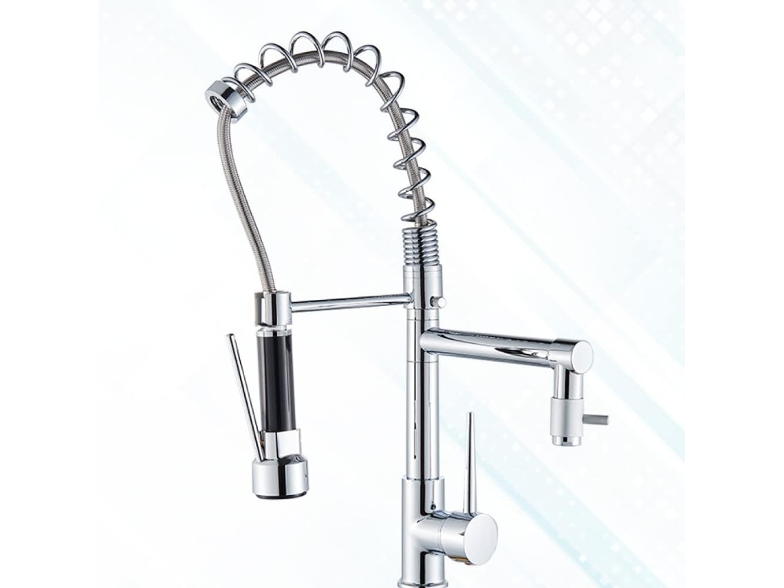 Torneira De Cozinha Preta Com Mola E Bica Dupla Lateral. Montagem Em Bancada.
