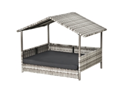 Casa De Cachorro Rattan Com Almofada, Cama Em Formato De Casa, Abrigo Externo, Estrutura De Aço, Plástico, Cinza, 69 X 98 X 70 Cm.