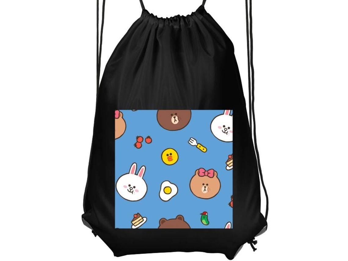 Mochila de Ginástica Infantil- Confortável e Prática, Preta, com Desenhos de Animais, Doces e Pequenos Detalhes em Fundo Azul BRILVIBERA