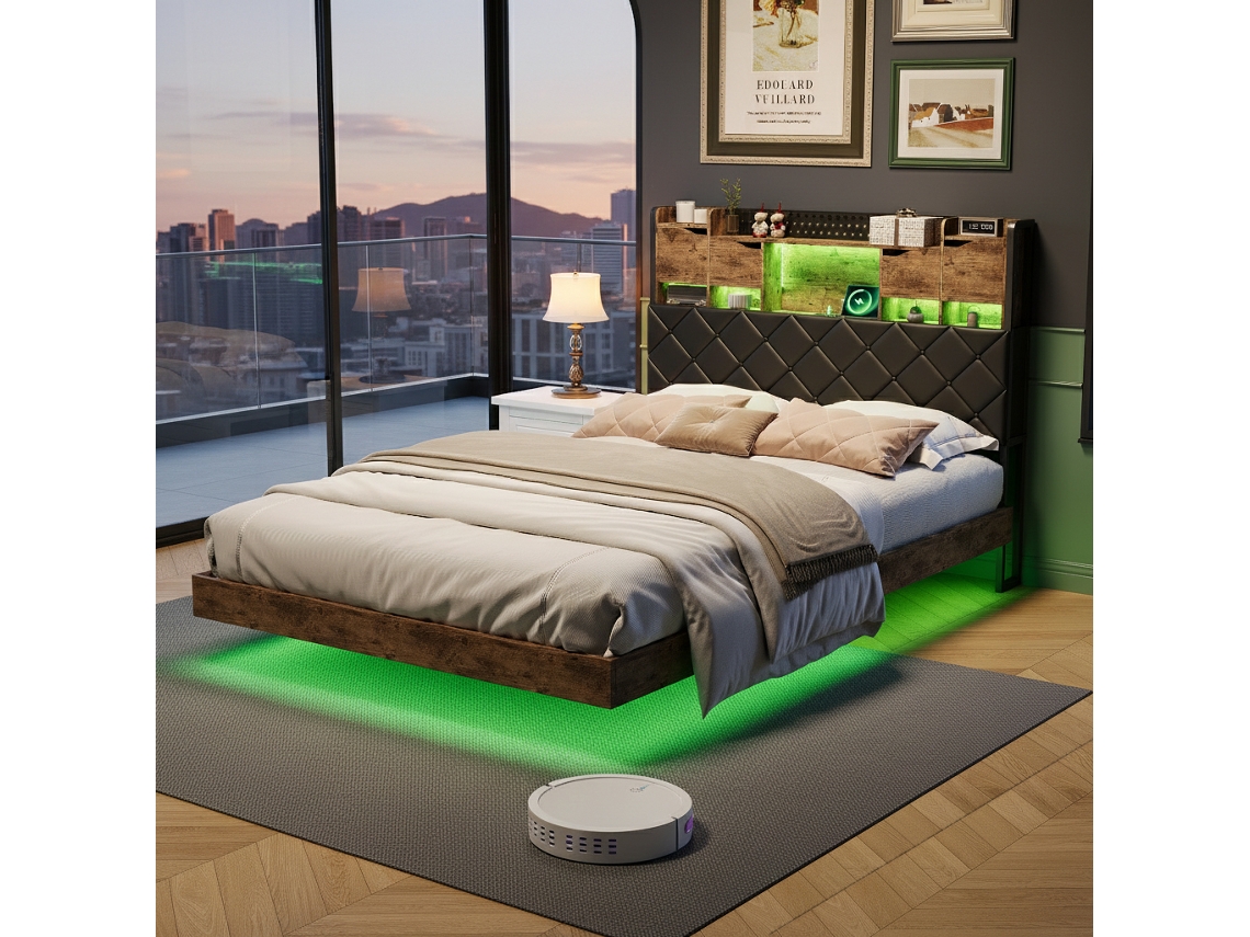 Cama De Casal 140x200 Cm, Estrutura Metálica, Cabeceira Com Arrumação, Iluminação Led E Carregador, Para Adultos E Adolescentes, Marrom