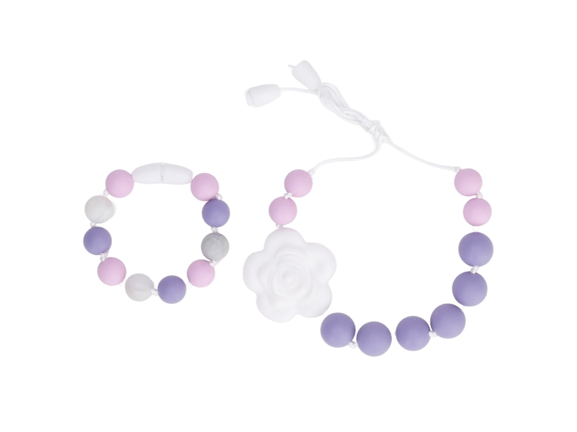 Primerox collar e Pulseira de Mordedor em Silicone com Pingente Rosa para Bebê Roxo Lilás