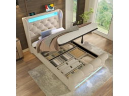 Cama Solteiro Veludo Bege 90x200 Cm, Led, Usb-c, Baú Hidráulico, Arrumação