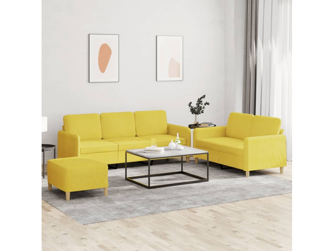 Vidaxl 3 Pcs Conjunto De Sofás Com Almofadões Tecido Amarelo-claro